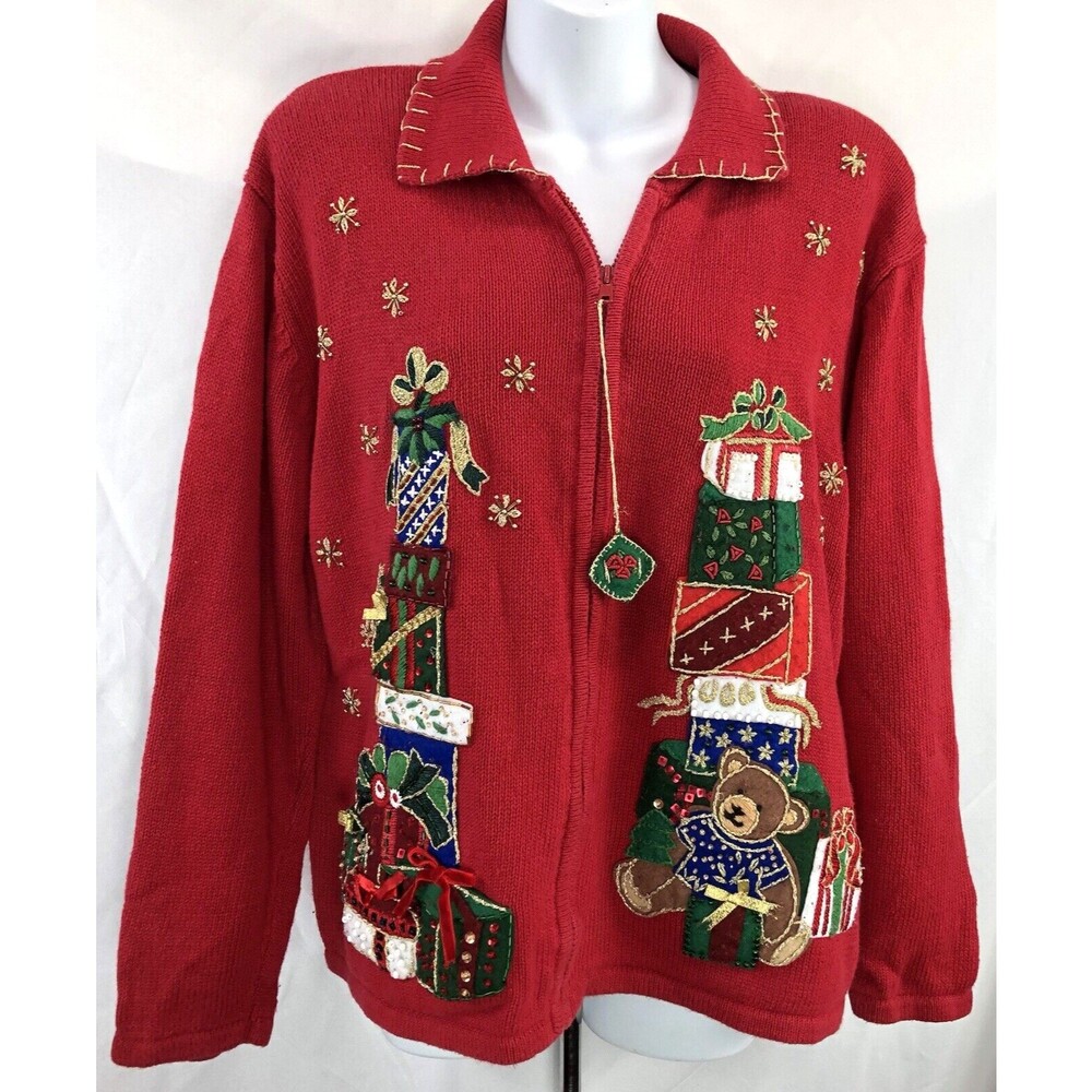 Vintage heirloom collectibles Cardigan sweater L zip front red Christmas holiday